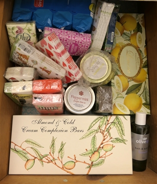 Drawer Lot including Fancy Soaps, Tissues, and Box Scrubs