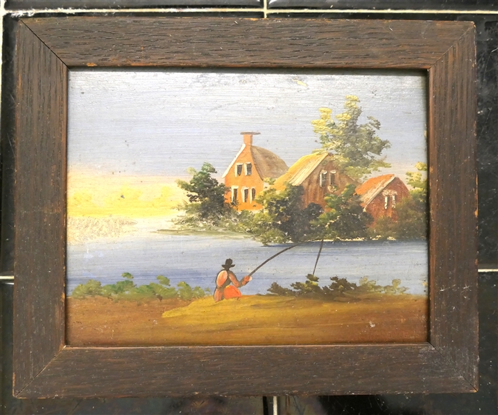 Small Oil on Board Painting of Fishing Scene - Framed - Frame Measures 5 1/2" by 7"