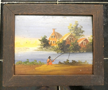Small Oil on Board Painting of Fishing Scene - Framed - Frame Measures 5 1/2 by 7