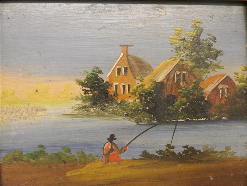 Small Oil on Board Painting of Fishing Scene - Framed - Frame Measures 5 1/2 by 7