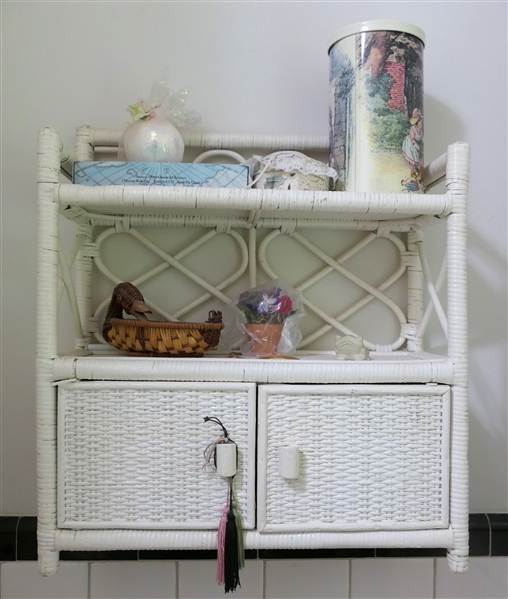 Hanging Wicker Cabinet / Shelf - White Painted with Contents - Duck Basket, Fancy Soaps, Tins, Etc. - Shelf Measures 20" tall 18" by 7 1/2" 