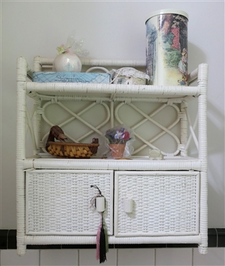 Hanging Wicker Cabinet / Shelf - White Painted with Contents - Duck Basket, Fancy Soaps, Tins, Etc. - Shelf Measures 20 tall 18 by 7 1/2 