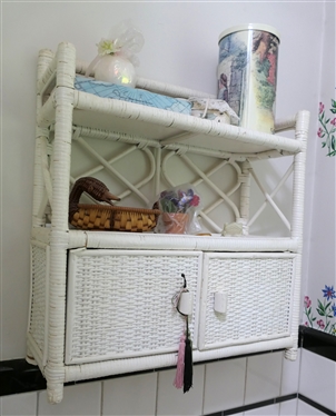 Hanging Wicker Cabinet / Shelf - White Painted with Contents - Duck Basket, Fancy Soaps, Tins, Etc. - Shelf Measures 20 tall 18 by 7 1/2 
