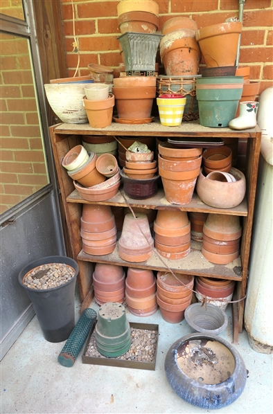Pine Shelf Full of Flower Pots, Planters, Terracotta, Brass, Christmas, Etc. - Pine Shelf is 36" Tall 31" by 14 1/2" 