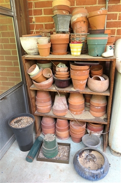 Pine Shelf Full of Flower Pots, Planters, Terracotta, Brass, Christmas, Etc. - Pine Shelf is 36 Tall 31 by 14 1/2 