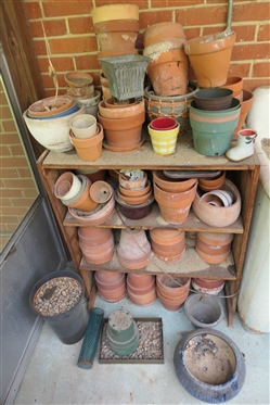 Pine Shelf Full of Flower Pots, Planters, Terracotta, Brass, Christmas, Etc. - Pine Shelf is 36 Tall 31 by 14 1/2 