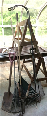 Lot of Garden Tools - Rakes, Shovels and Shepherds Hooks - Not Including Saw Horses
