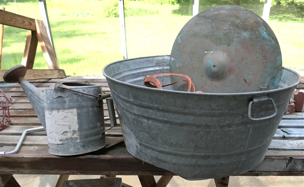 Large Galvanized Tub, Brass Cymbal, Garden Spinner, Bird Feeder, and Galvanized Watering Can 