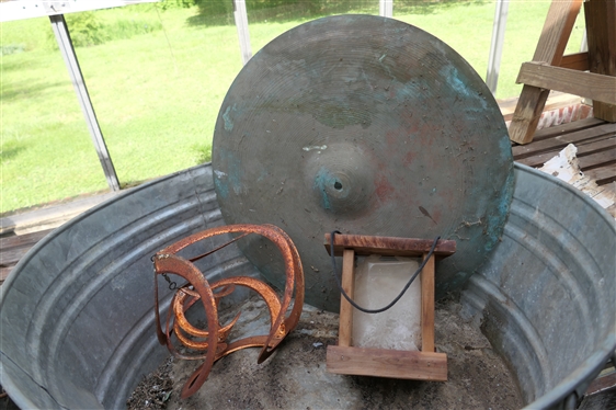 Large Galvanized Tub, Brass Cymbal, Garden Spinner, Bird Feeder, and Galvanized Watering Can 