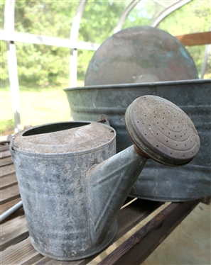 Large Galvanized Tub, Brass Cymbal, Garden Spinner, Bird Feeder, and Galvanized Watering Can 