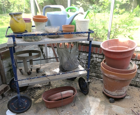 Nice Hand Painted Stainless Steel Rolling Cart with Planters, Flower Pots, and Watering Cans - Cart Measures 35 tall 33 1/2 by 19 