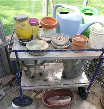 Nice Hand Painted Stainless Steel Rolling Cart with Planters, Flower Pots, and Watering Cans - Cart Measures 35 tall 33 1/2 by 19 