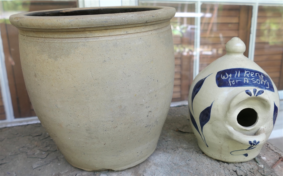 "Will Rent For A Song" Williamsburg Pottery Bird House and Stone Crock with Incised Rings - Crock is 8 1/2" Tall 8" Across