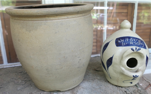 Will Rent For A Song Williamsburg Pottery Bird House and Stone Crock with Incised Rings - Crock is 8 1/2 Tall 8 Across