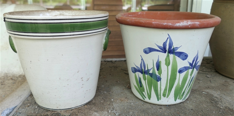 2 Hand Painted Planters - Emmerson Creek Pottery - Bedford Virginia with Iris Flowers and Hand Painted Portugal with Green Bands