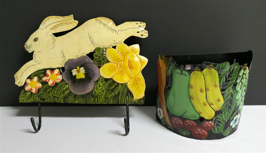 Hand Painted Tin Rabbit Plaque with Hooks and Tin Painted Wall Basket with Fruits and Vegetables  - Basket Measures 5 1/2" Tall 6 3/8" Across