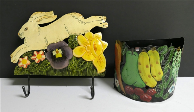Hand Painted Tin Rabbit Plaque with Hooks and Tin Painted Wall Basket with Fruits and Vegetables  - Basket Measures 5 1/2 Tall 6 3/8 Across