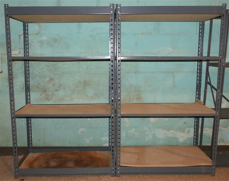 2 Sets of Metal Framed Shelves - Particle Board Shelves - Bottom Shelf on One is Damaged - Shelves Measure 60" Tall 36" By 18" 