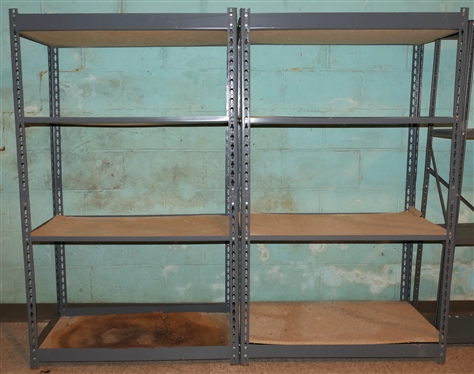2 Sets of Metal Framed Shelves - Particle Board Shelves - Bottom Shelf on One is Damaged - Shelves Measure 60 Tall 36 By 18 
