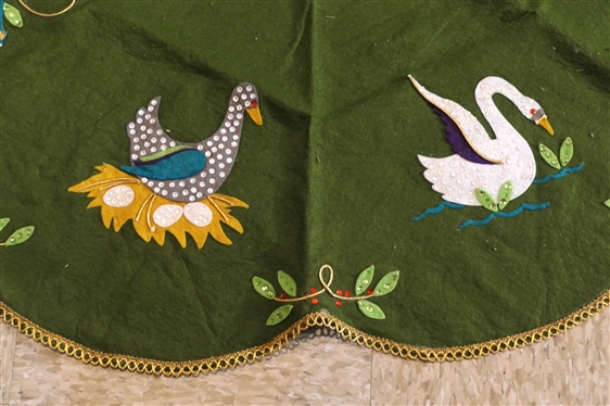 Incredible Vintage 1940''s Christmas Angel Tree Topper and   Felt Christmas Tree Skirt with Applique Christmas Scenes, Gold Trim - 55 Diameter