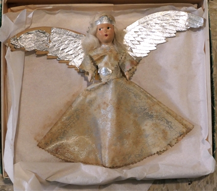 Incredible Vintage 1940''s Christmas Angel Tree Topper and   Felt Christmas Tree Skirt with Applique Christmas Scenes, Gold Trim - 55 Diameter