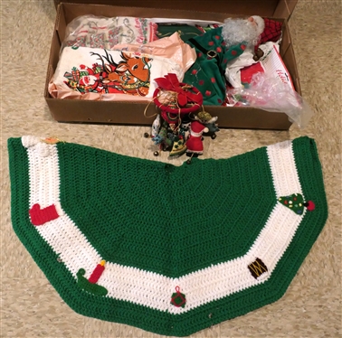 Vintage Christmas Lot including Crochet Tree Skirt, 1950''s Sequin Mobile, Lines, Towels, Etc. 