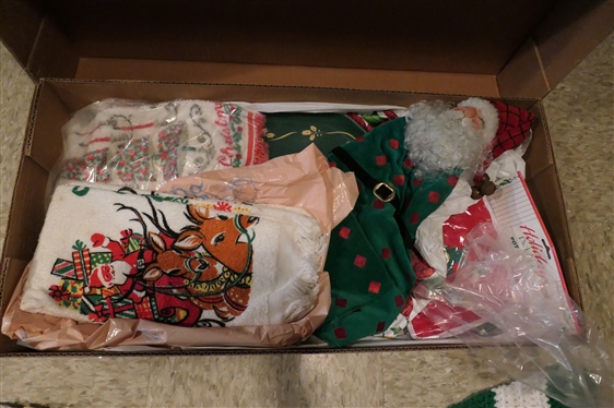 Vintage Christmas Lot including Crochet Tree Skirt, 1950''s Sequin Mobile, Lines, Towels, Etc. 