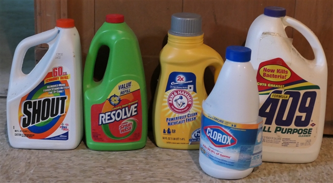 Full Bottles of Shout, Resolve, Arm& Hammer Laundry Detergent, Clorox, and 409