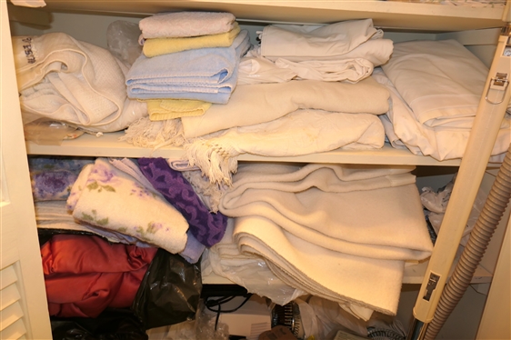 2 Shelves of Linens - Blankets, Sheets, Towels, Satin Spread, Etc. 