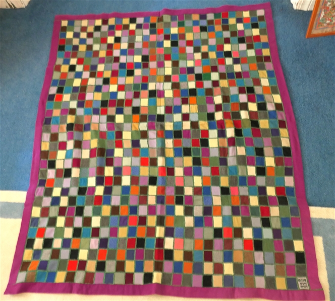 1962 Dated Patch Work Quilt - Flannel Squares with Green Stitching - "John Glenn 2-20-62" - Quilt Measures 61" by 50" 