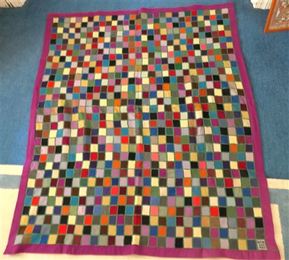1962 Dated Patch Work Quilt - Flannel Squares with Green Stitching - John Glenn 2-20-62 - Quilt Measures 61 by 50 
