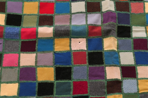 1962 Dated Patch Work Quilt - Flannel Squares with Green Stitching - John Glenn 2-20-62 - Quilt Measures 61 by 50 