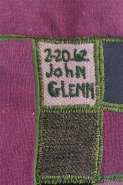 1962 Dated Patch Work Quilt - Flannel Squares with Green Stitching - John Glenn 2-20-62 - Quilt Measures 61 by 50 