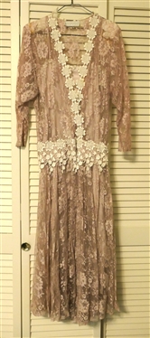 Jessica McClintock Dusty Rose Lace Gown with White Flower Accents - Rose Satin Slip Dress - No Size Tag - Probably 2/4