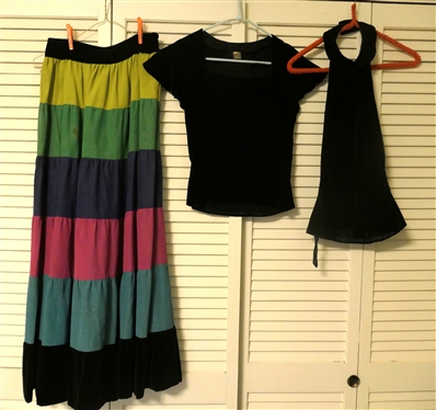 New York Creation (Pre 1953) Dress and Skirt Set - Black Velvet Cap Sleeve Blouse, Black Velvet Halter Top, and Dupioni Silk Striped Silk Skirt with Black Velvet Trim - Small Stain on Skirt - All 3...