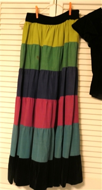 New York Creation (Pre 1953) Dress and Skirt Set - Black Velvet Cap Sleeve Blouse, Black Velvet Halter Top, and Dupioni Silk Striped Silk Skirt with Black Velvet Trim - Small Stain on Skirt - All 3...
