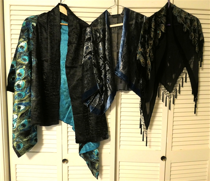 3 Peacock Feather Motif Wraps/ Kimono - M.C. Oasis New with Tags, The Metropolitan Museum of Art with Velvet Design, and J&X NY with Beaded Tassel Trim 