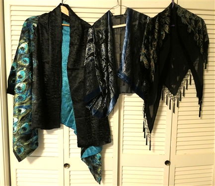 3 Peacock Feather Motif Wraps/ Kimono - M.C. Oasis New with Tags, The Metropolitan Museum of Art with Velvet Design, and J&X NY with Beaded Tassel Trim 