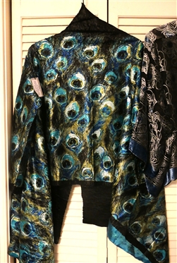 3 Peacock Feather Motif Wraps/ Kimono - M.C. Oasis New with Tags, The Metropolitan Museum of Art with Velvet Design, and J&X NY with Beaded Tassel Trim 