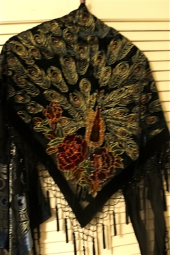 3 Peacock Feather Motif Wraps/ Kimono - M.C. Oasis New with Tags, The Metropolitan Museum of Art with Velvet Design, and J&X NY with Beaded Tassel Trim 