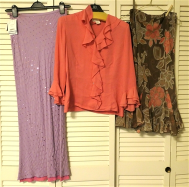 Doncaster Pink Silk Blouse with Ruffled Front and Sleeves - Size 6, Doncaster Collection Silk Skirt - with Sequins - Size 4, and East 5th Floral Skirt - Size 6 New with Tags