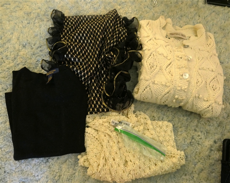 Brooks Brothers Shell, Natural Concept Kitted Cardigan Crotched Vest with Pearl Beads, and Black and Gold Wrap with Ruffled Edge