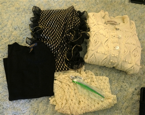 Brooks Brothers Shell, Natural Concept Kitted Cardigan Crotched Vest with Pearl Beads, and Black and Gold Wrap with Ruffled Edge