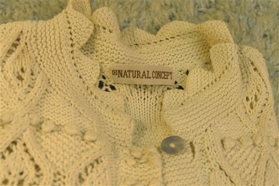 Brooks Brothers Shell, Natural Concept Kitted Cardigan Crotched Vest with Pearl Beads, and Black and Gold Wrap with Ruffled Edge