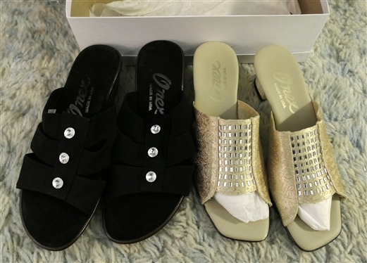 2 pairs of Onex Shoes - Gena - Gold Elastic - Size 6 and Back with Faux Wood Wedge Heel - Size 6