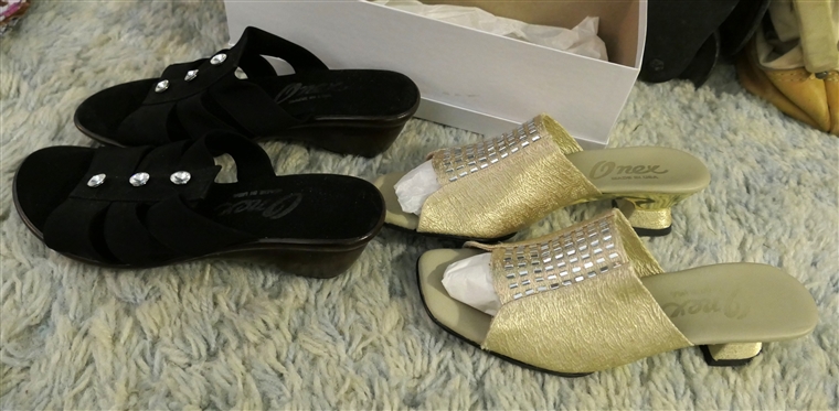 2 pairs of Onex Shoes - Gena - Gold Elastic - Size 6 and Back with Faux Wood Wedge Heel - Size 6