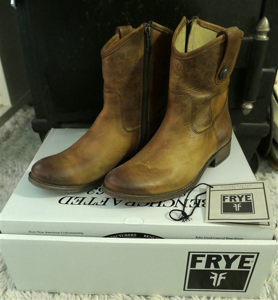 Frye "Melissa Button Short" Cognac Color Leather Boots - Size 6.5 - With Original Box