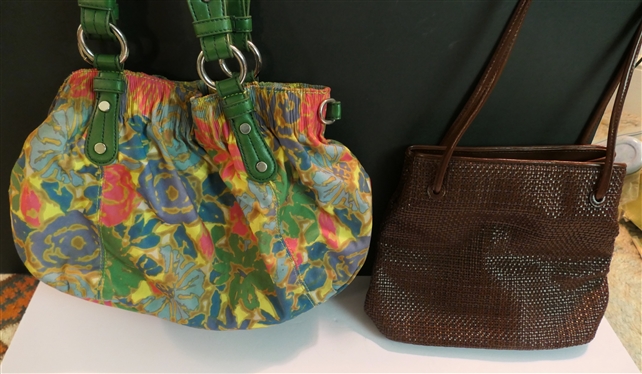 2 Nine West Purses - Brown Basket Weave  and  Polyester Floral with Green Straps and Buckles
