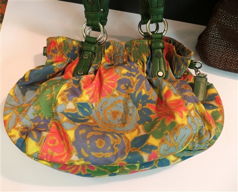 2 Nine West Purses - Brown Basket Weave  and  Polyester Floral with Green Straps and Buckles