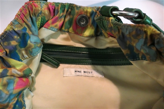 2 Nine West Purses - Brown Basket Weave  and  Polyester Floral with Green Straps and Buckles
